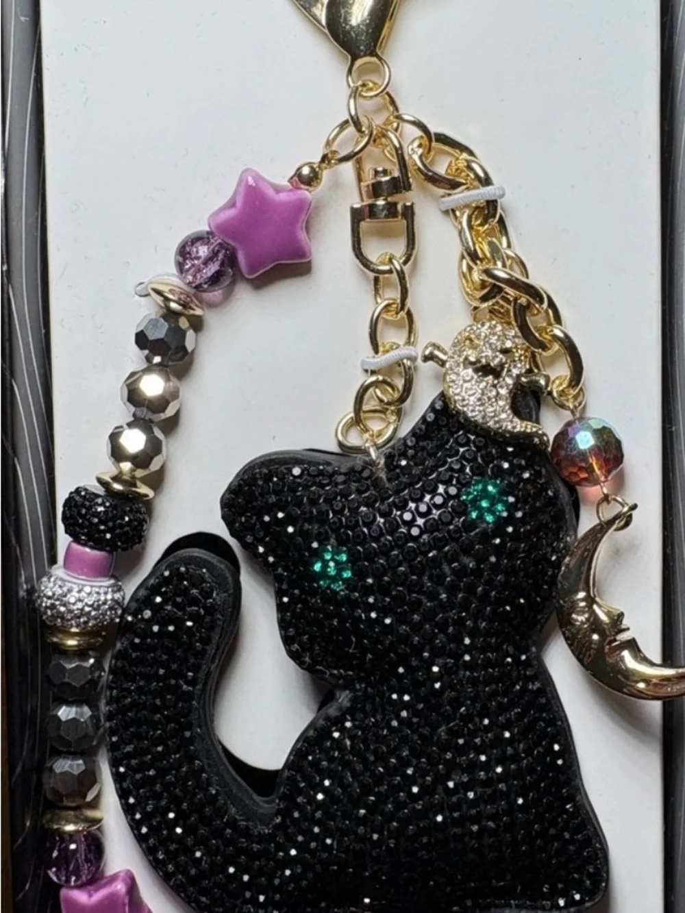 Eyecandy Black Rhinestone Cat Keychain with Charms